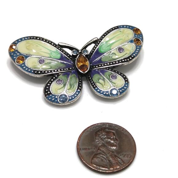 Butterfly Enamel & Rhinestone Brooch, Silver Tone, 1980s Vintage Jewelry - Picture 7 of 10
